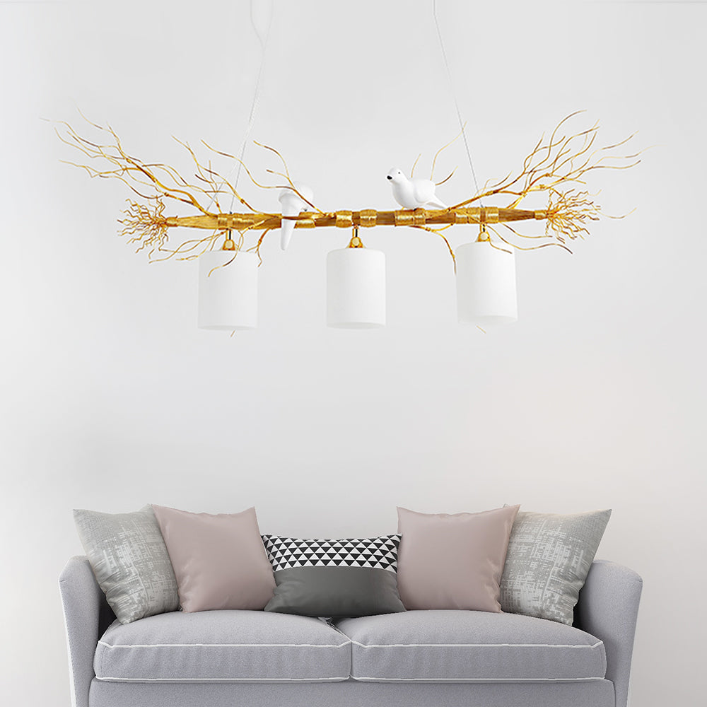 Modern 3-Head White Glass Pendant Light With Gold/Silver Branch - Cylinder Ceiling Island Fixture