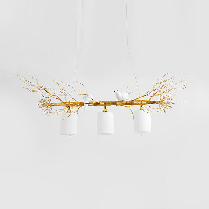 Modern 3-Head White Glass Pendant Light With Gold/Silver Branch - Cylinder Ceiling Island Fixture