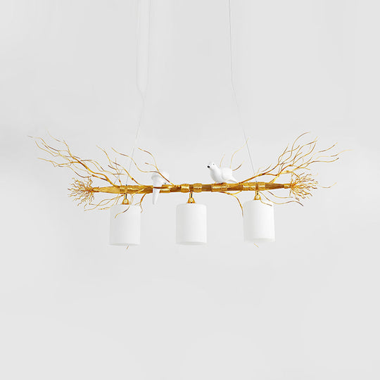 Modern 3-Head White Glass Pendant Light With Gold/Silver Branch - Cylinder Ceiling Island Fixture