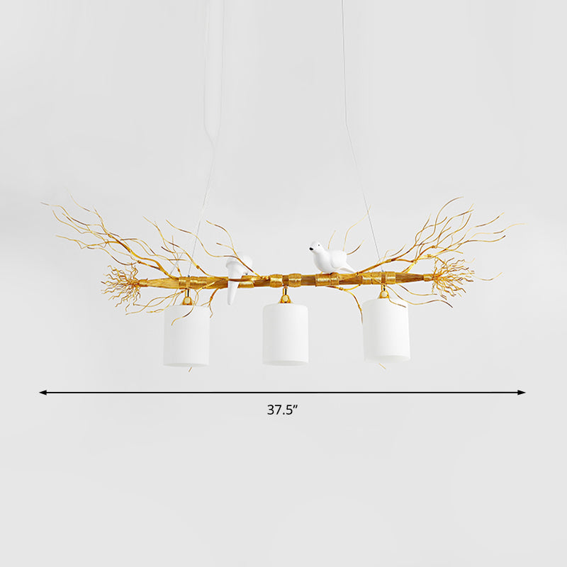 Modern 3-Head White Glass Pendant Light With Gold/Silver Branch - Cylinder Ceiling Island Fixture