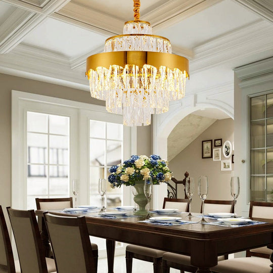 Vintage Style Gold Crystal Chandelier – Layered Light Fixture for Dining Room (17"/23")