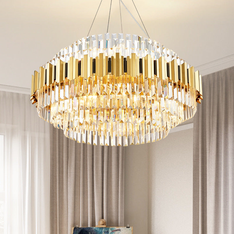 Vintage Metal Chandelier Light With Layered Pendant And Faceted Crystal In Gold For Dining Room