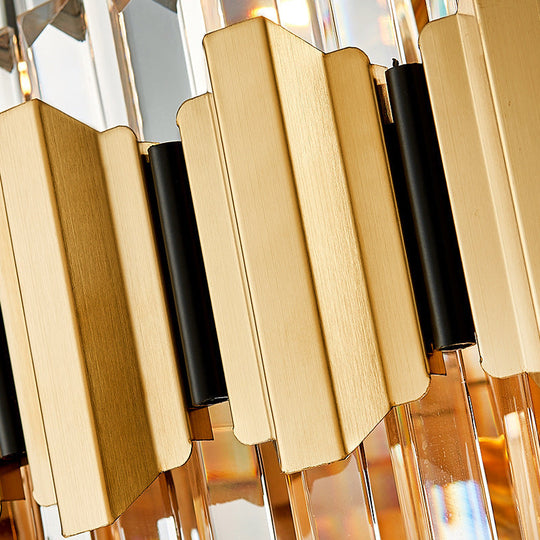 Vintage Metal Chandelier Light With Layered Pendant And Faceted Crystal In Gold For Dining Room