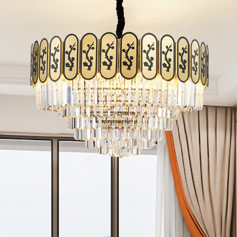 Modern Round Chandelier With Flower Pattern In Brass For Bedroom - Crystal And Metal Hanging Light