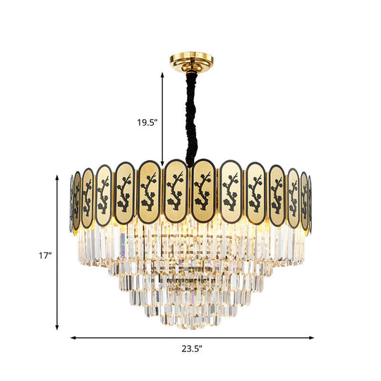 Lustre rond moderne avec motif floral, suspension en cristal et métal pour chambre à coucher - Finition laiton