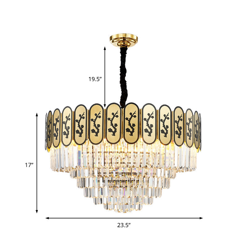 Modern Round Chandelier With Flower Pattern In Brass For Bedroom - Crystal And Metal Hanging Light