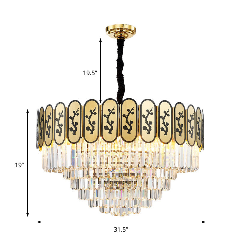 Modern Round Chandelier With Flower Pattern In Brass For Bedroom - Crystal And Metal Hanging Light