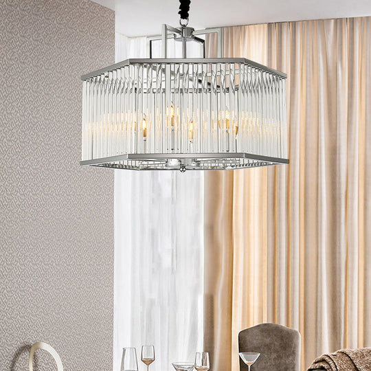 Lustre suspendu hexagonal en chrome avec cristal - Lampe suspendue moderne en métal pour salon