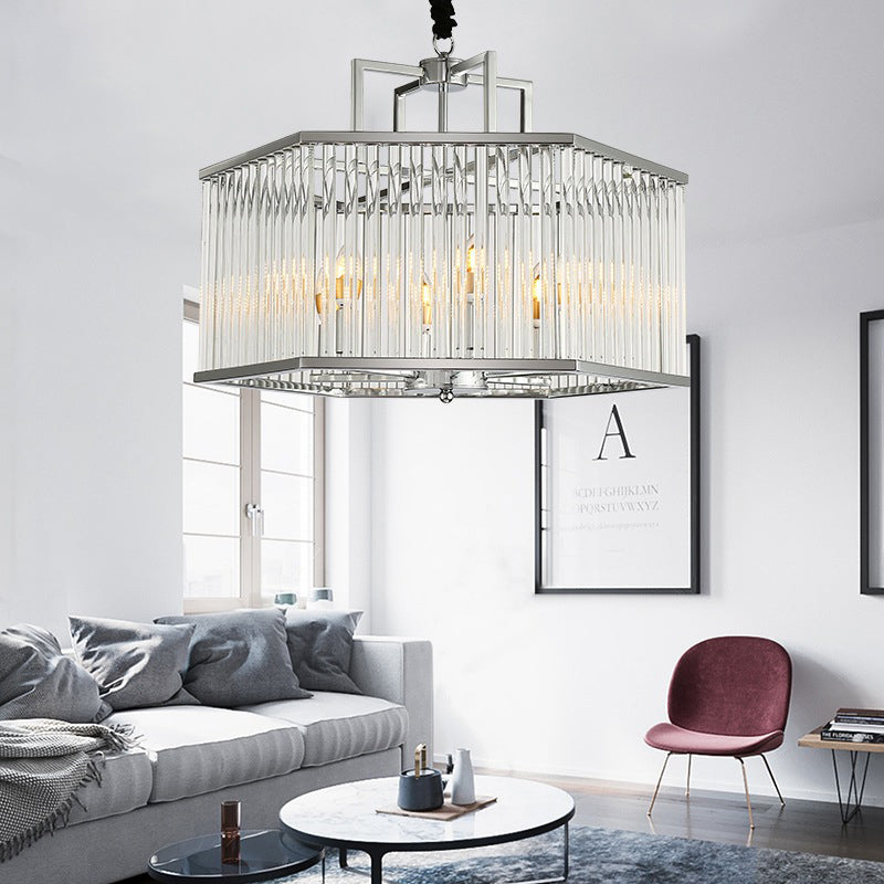 Lustre suspendu hexagonal en chrome avec cristal - Lampe suspendue moderne en métal pour salon