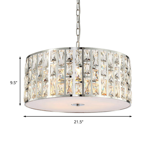 Contemporary Drum Chandelier: Clear Crystal Pendant Lamp With Metal Chain Chrome Finish For Bedroom