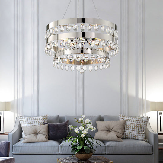 Chrome Multi-Light Chandelier With Clear Crystal Deco And Tiered Rings