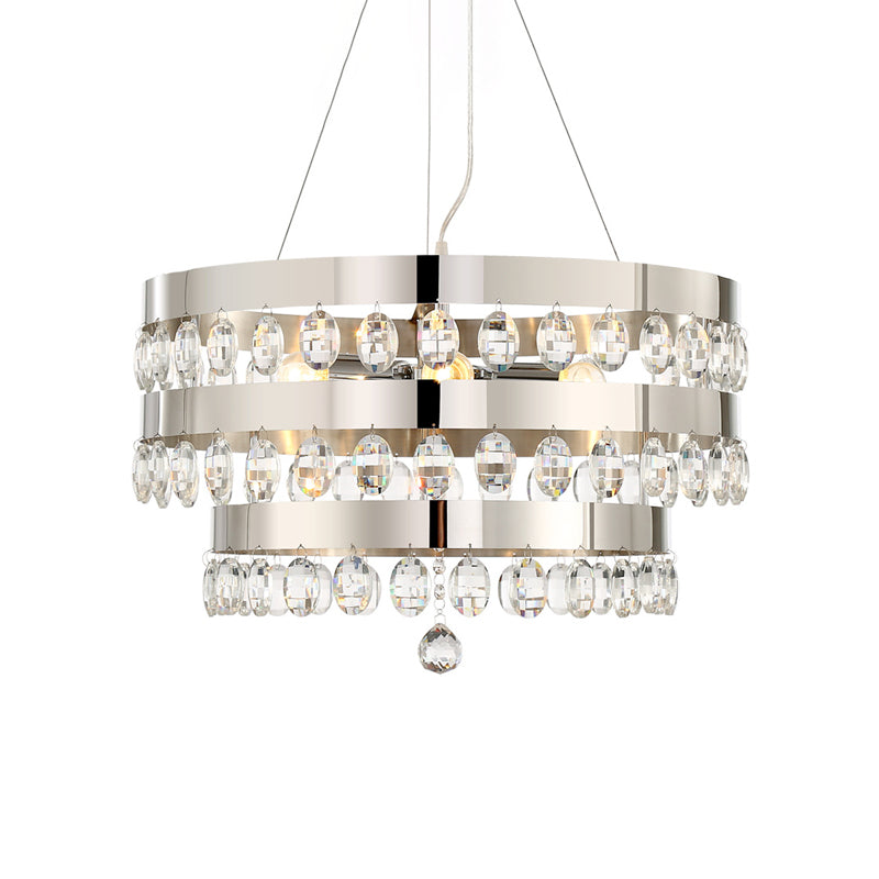 Chrome Multi-Light Chandelier With Clear Crystal Deco And Tiered Rings