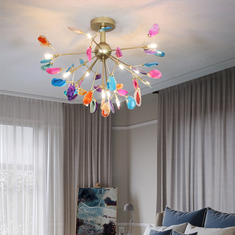 Nordic Metal And Agate Gold Semi Flush Mount Ceiling Fixture For Bedroom