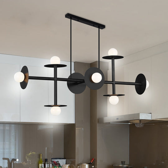 Modern 8-Head Black Ceiling Light Fixture For Kitchen: White Glass Orbit Island Pendant