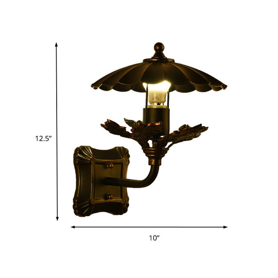 Bronze Cone Sconce With Leaf Decoration And Square Backplate - 1-Light Industrial Wall Lamp