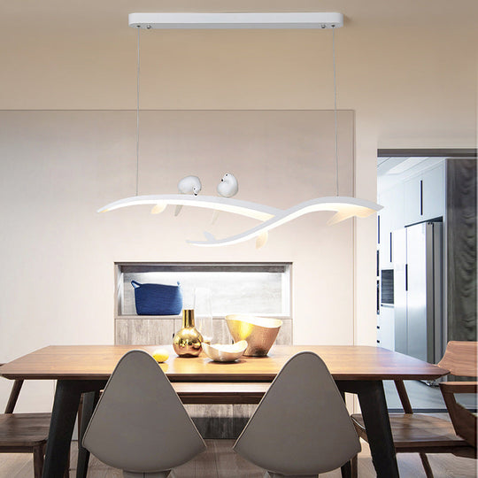 Modern White Branch Led Island Light - 27/37.5 Wide Acrylic Pendant With Warm/White And Bird Design