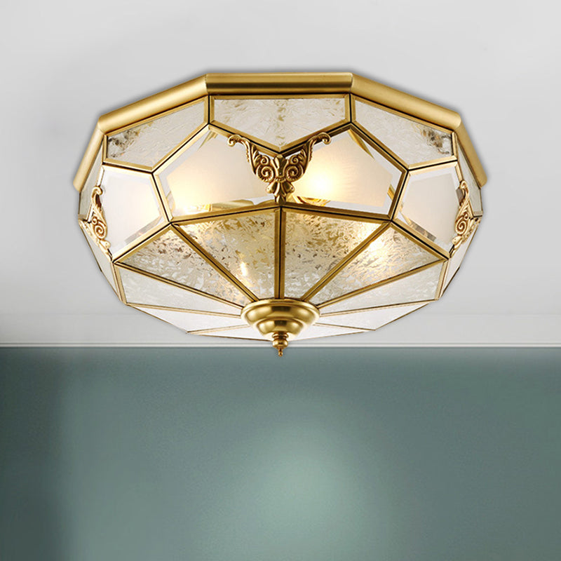 Farmhouse Ceiling Mounted Flush Light Fixture, Cream Glass Brass, Domed, 3/4 Bulbs, 14"/18" Wide