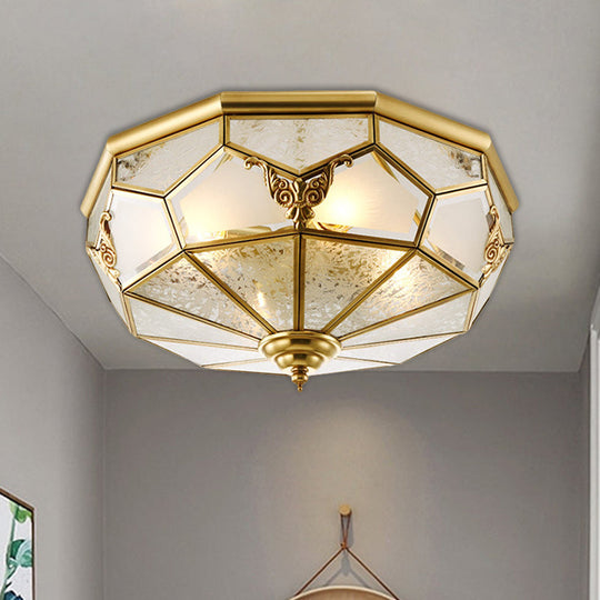 Farmhouse Ceiling Mounted Flush Light Fixture, Cream Glass Brass, Domed, 3/4 Bulbs, 14"/18" Wide