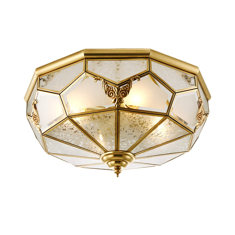 Farmhouse Ceiling Mounted Flush Light Fixture, Cream Glass Brass, Domed, 3/4 Bulbs, 14"/18" Wide