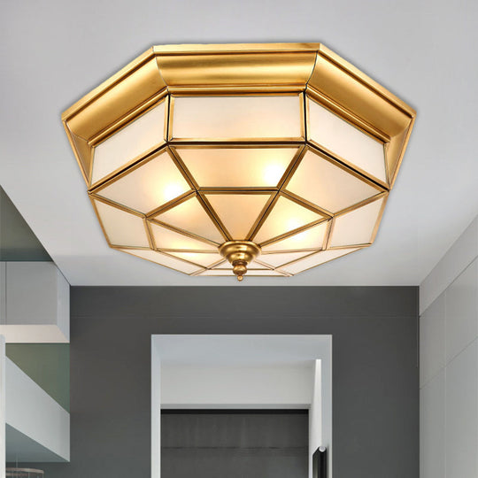 Antiqued Brass Octagon Flush Mount Ceiling Light with Milky Glass - 17" / 25.5" Width - 4/6 Head Hallway Lighting