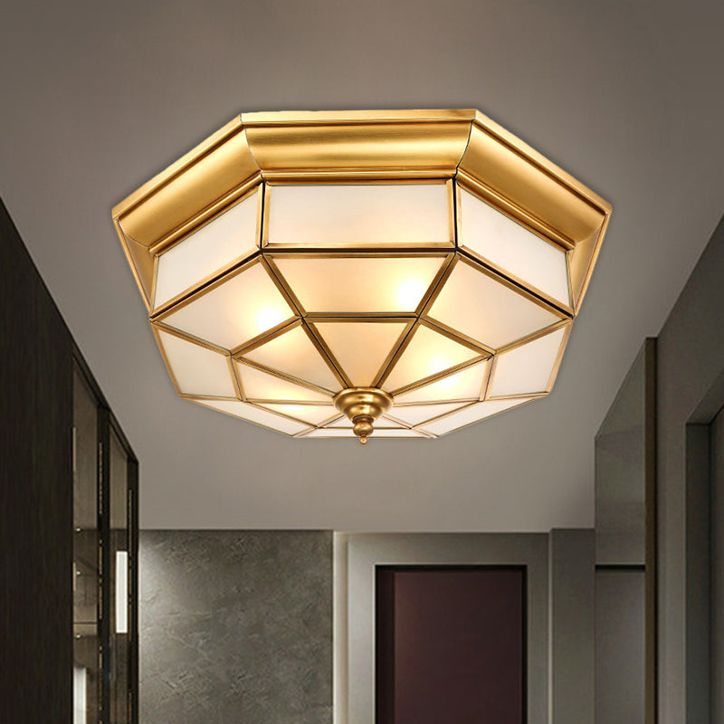 Antiqued Brass Octagon Flush Mount Ceiling Light with Milky Glass - 17" / 25.5" Width - 4/6 Head Hallway Lighting