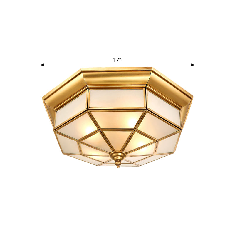 Antiqued Brass Octagon Flush Mount Ceiling Light with Milky Glass - 17" / 25.5" Width - 4/6 Head Hallway Lighting