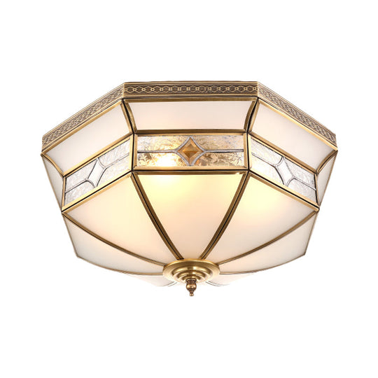 Opaline Glass Dome Ceiling Flush Light with Brass Finish - 3/4-Light 14"/18" - Warehouse Style