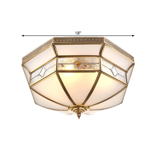 Opaline Glass Dome Ceiling Flush Light with Brass Finish - 3/4-Light 14"/18" - Warehouse Style