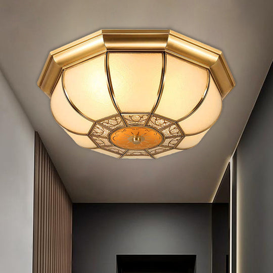 Rustic 3-Bulb Flush Mount with Countryside Bowl and Frosted Glass Ceiling Lighting in Brass