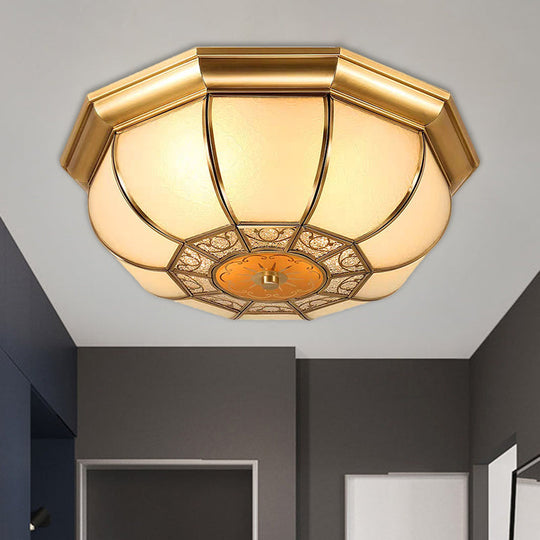 Rustic 3-Bulb Flush Mount with Countryside Bowl and Frosted Glass Ceiling Lighting in Brass