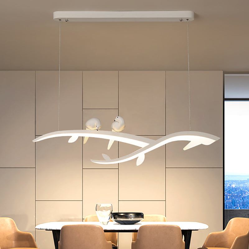 Modern White Branch Led Island Light - 27/37.5 Wide Acrylic Pendant With Warm/White And Bird Design