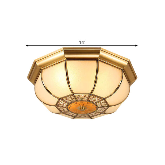 Rustic 3-Bulb Flush Mount with Countryside Bowl and Frosted Glass Ceiling Lighting in Brass