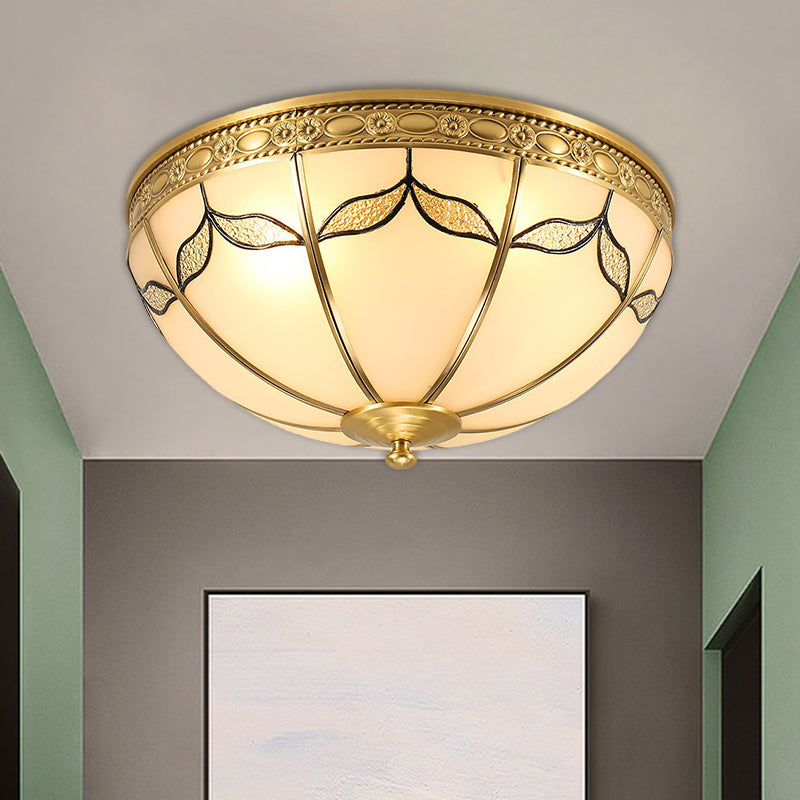 Countryside Domed Flush Lamp with Leaf Pattern in Brass - 3/4 Lights Milky Glass Ceiling Mounted Fixture - Available in 14" and 18" Width