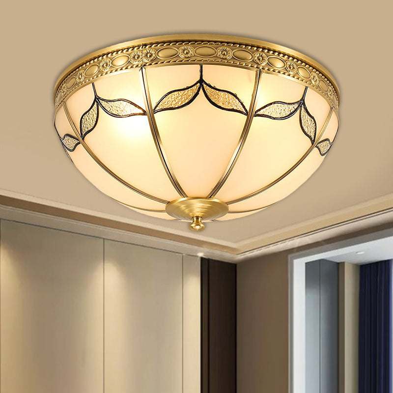 Countryside Domed Flush Lamp with Leaf Pattern in Brass - 3/4 Lights Milky Glass Ceiling Mounted Fixture - Available in 14" and 18" Width