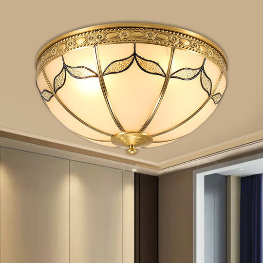 Countryside Domed Flush Lamp With Leaf Pattern In Brass - 3/4 Lights Milky Glass Ceiling Mounted