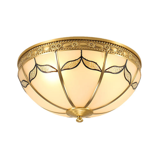 Countryside Domed Flush Lamp with Leaf Pattern in Brass - 3/4 Lights Milky Glass Ceiling Mounted Fixture - Available in 14" and 18" Width