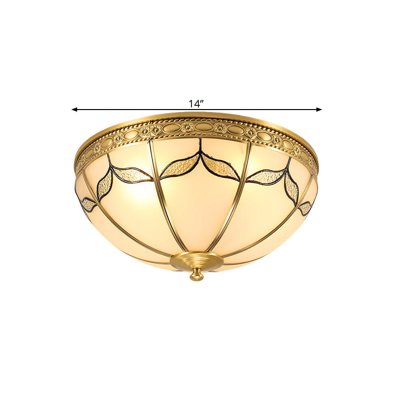 Countryside Domed Flush Lamp with Leaf Pattern in Brass - 3/4 Lights Milky Glass Ceiling Mounted Fixture - Available in 14" and 18" Width