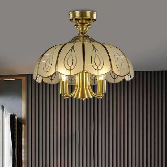 Brass Semi Flush Ceiling Mounted Fixture with Scalloped Frosted Glass & Leaf Pattern - 4 Heads, Rural Style