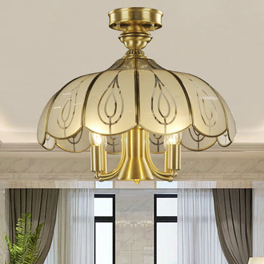 Brass Semi Flush Ceiling Mounted Fixture with Scalloped Frosted Glass & Leaf Pattern - 4 Heads, Rural Style