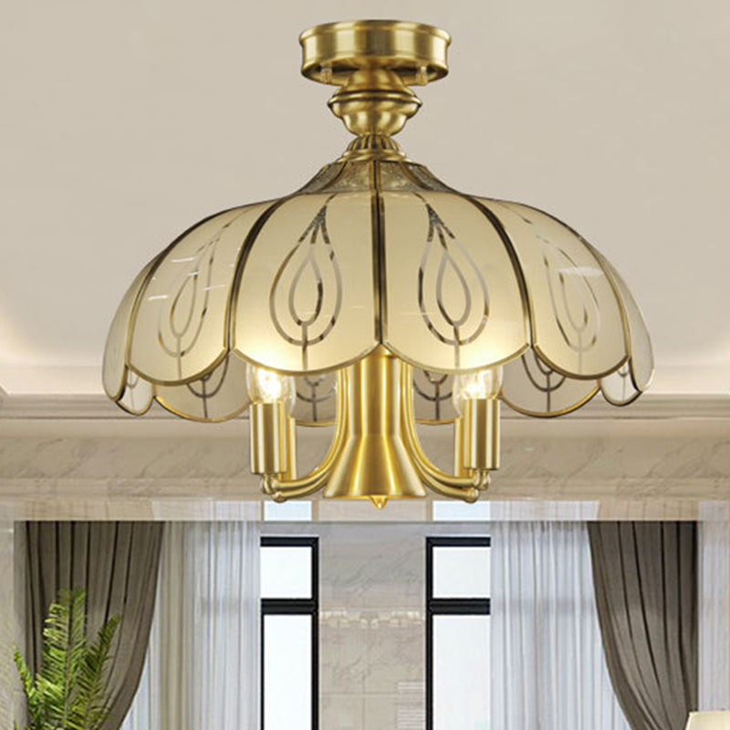 Brass Semi Flush Ceiling Mounted Fixture With Scalloped Frosted Glass & Leaf Pattern - 4 Heads Rural