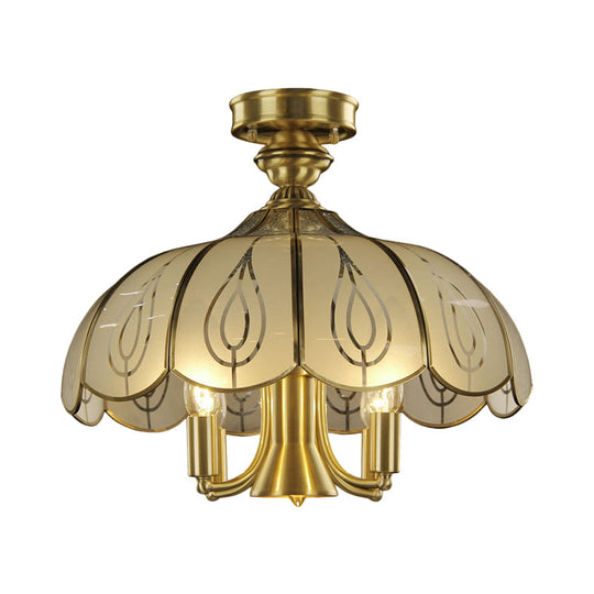 Brass Semi Flush Ceiling Mounted Fixture with Scalloped Frosted Glass & Leaf Pattern - 4 Heads, Rural Style