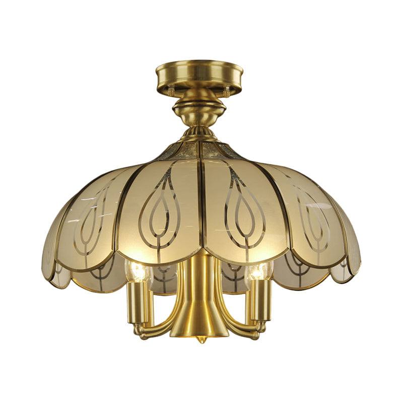 Brass Semi Flush Ceiling Mounted Fixture With Scalloped Frosted Glass & Leaf Pattern - 4 Heads Rural