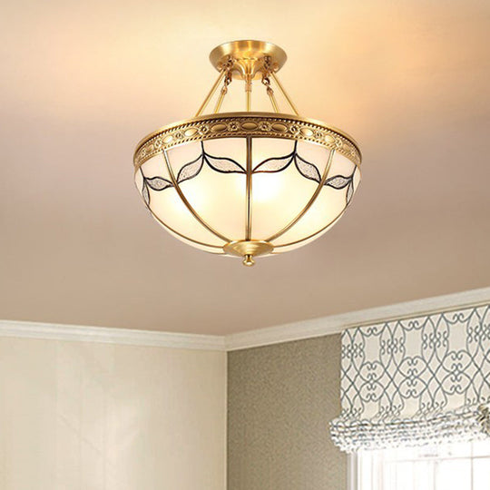 Retro Dome Ceiling Light With Milkglass & Leaf Pattern - Semi Flush Mount (3/4 Bulbs) Brass Finish