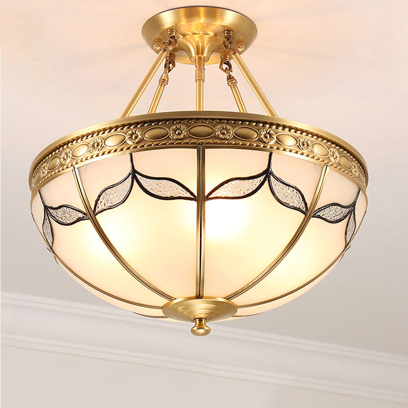 Retro Dome Ceiling Light with Milkglass & Leaf Pattern - Semi Flush Mount (3/4 Bulbs) - Brass Finish - 14"/18" W