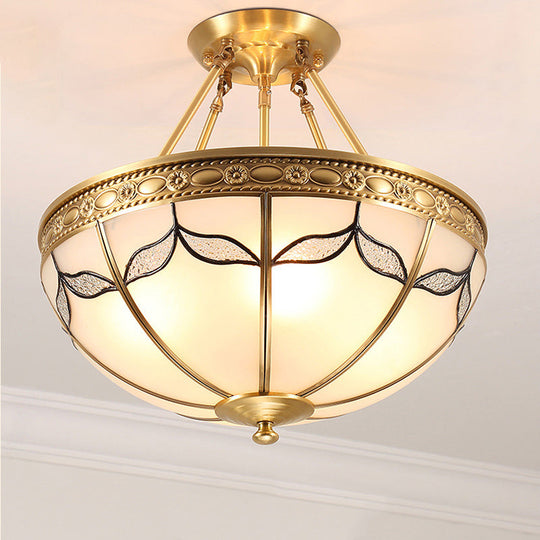 Retro Dome Ceiling Light With Milkglass & Leaf Pattern - Semi Flush Mount (3/4 Bulbs) Brass Finish