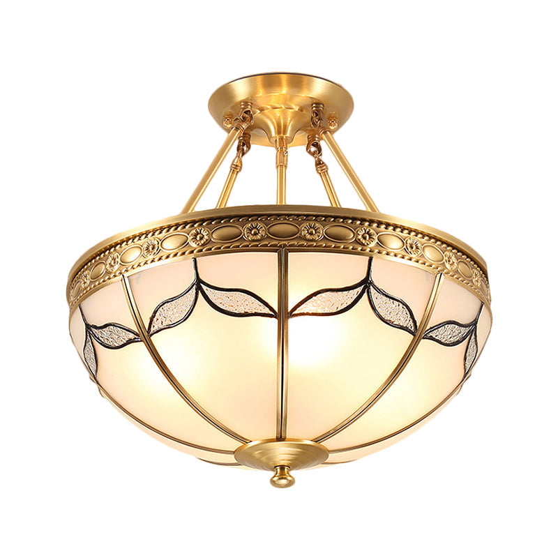 Retro Dome Ceiling Light with Milkglass & Leaf Pattern - Semi Flush Mount (3/4 Bulbs) - Brass Finish - 14"/18" W