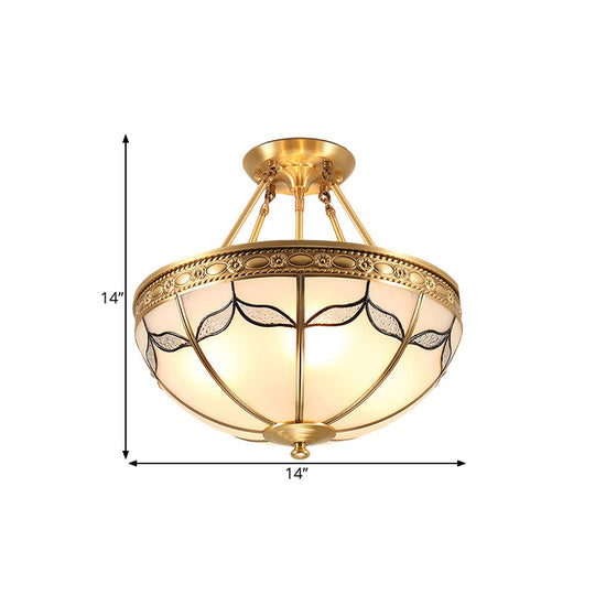 Retro Dome Ceiling Light with Milkglass & Leaf Pattern - Semi Flush Mount (3/4 Bulbs) - Brass Finish - 14"/18" W