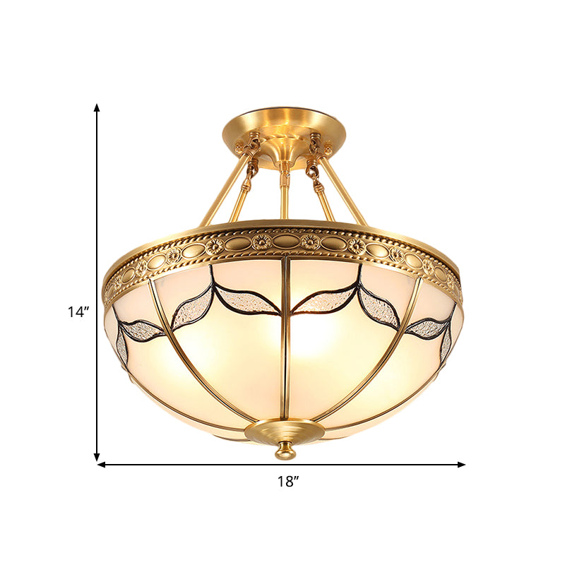 Retro Dome Ceiling Light with Milkglass & Leaf Pattern - Semi Flush Mount (3/4 Bulbs) - Brass Finish - 14"/18" W