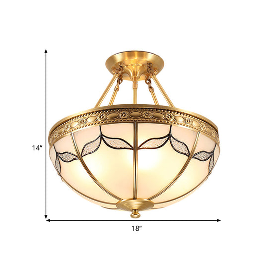 Retro Dome Ceiling Light With Milkglass & Leaf Pattern - Semi Flush Mount (3/4 Bulbs) Brass Finish