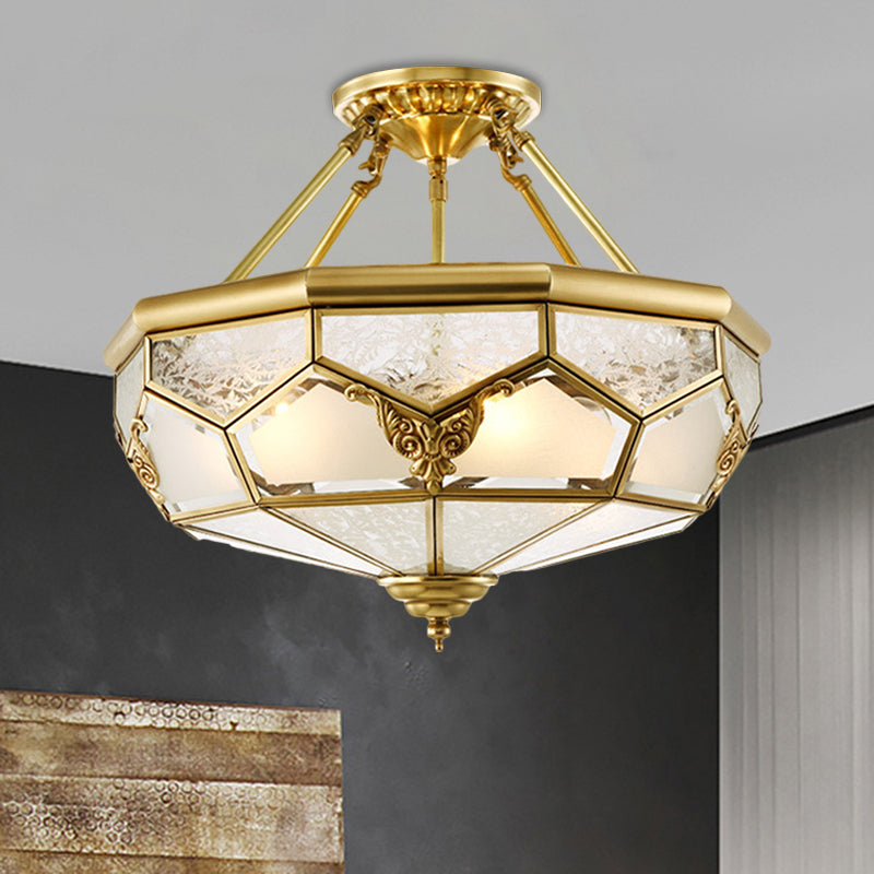 Opaline Glass Brass Semi Flush Mount Ceiling Lamp, 3/4 Lights, Faceted Dome, Country Print, 14"/18" Width